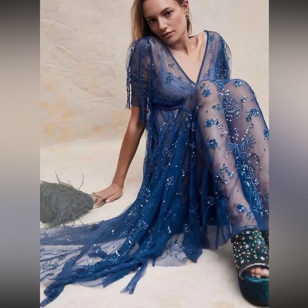 Free People Sheer Embellished Maxi Dress in Deep Blue - Picture 3 of 9